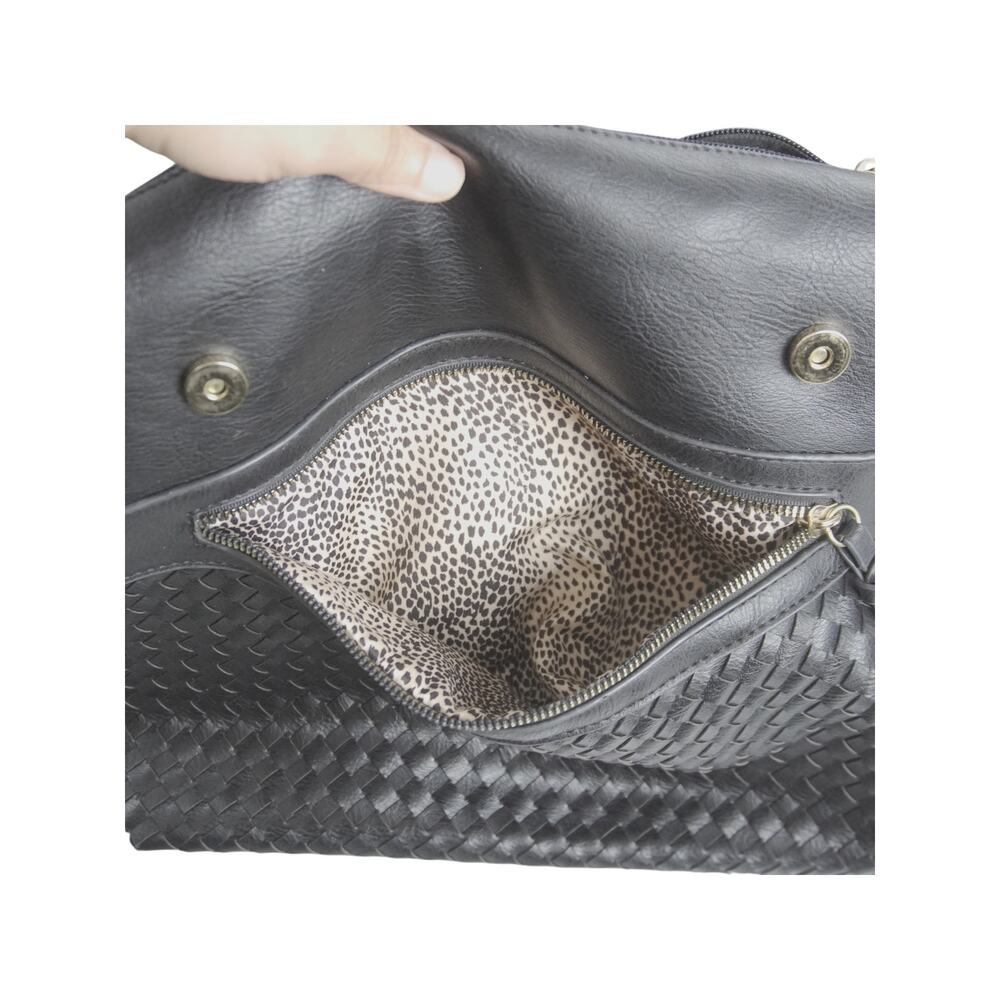 Black Woven Faux Leather Backpack Tote Animal Print Lining Laptop School Bag - Picture 15 of 16
